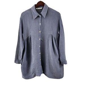 Zara Blue Crinkled Button Front Textured Lagenlook Tunic Top Womens Size M